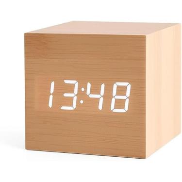 Imagem de Relógio Despertador De Mesa Digital Moderno De Madeira Com Controle De Voz Cubo