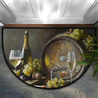 Imagem de cfpolar Tapete de porta meio redondo, padrão de uva, vinho, antiderrapante, semicírculo, lavável, meia lua, para ambientes internos e externos, banheiro, cozinha, pátio, corredor, lavanderia