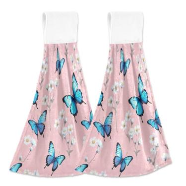 Imagem de Burbuja Conjunto de 2 toalhas de cozinha com flores brancas, borboletas azuis, toalhas de mão macias e absorventes com laço, toalha de gravata de microfibra para decoração de banheiro e cozinha