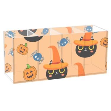 Imagem de Burbuja Porta-canetas de acrílico para gatos pretos usando chapéus de bruxa laranja, 4 compartimentos, suporte de lápis transparente para pincéis de maquiagem, acessórios de mesa de escritório em casa