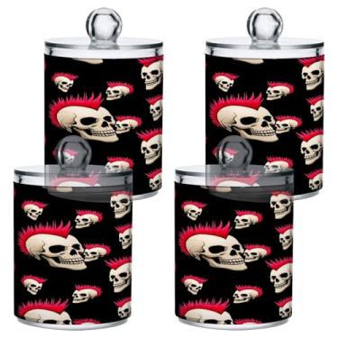 Imagem de STAYTOP 4 frascos de boticário Qtip para banheiro com etiquetas – Recipiente de armazenamento Qtip de plástico transparente acrílico para bola de algodão, cotonete, grão de café - esqueleto divertido