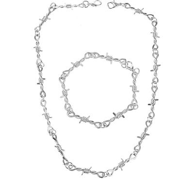Imagem de SUMPIGGER Colar punk GothThorns prata conjunto de calça, corrente de arame farpado, pulseira, brincos, metal, chama, farpado, hiphop, joia de rock para homens e mulheres, Zinco, Sem Pedra Preciosa