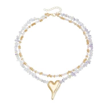 Imagem de Colar feminino com coração grosso dourado delicado boêmio com pedras naturais esmagadas, gargantilha, joias empilháveis em camadas, Large, Liga de aço, Sem Pedra Preciosa