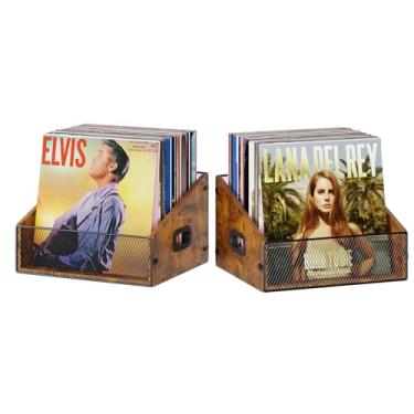 Imagem de Yuzehuaza Pacote com 2 unidades de armazenamento de discos de vinil, caixa de disco com alça, suporte para discos de vinil, caixa de disco de metal e madeira para mesa, fácil de montar