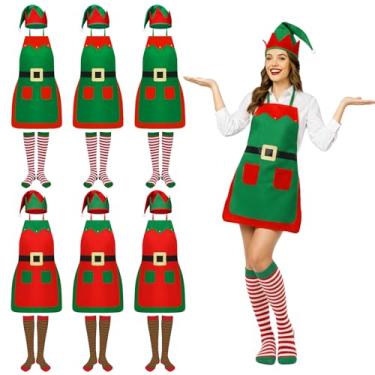 Imagem de Cotwinter Conjunto de avental de elfo de Natal com chapéu e meias avental de elfo adulto com bolso para presente de festa de Natal, cozinha, Vermelho e verde, One Size