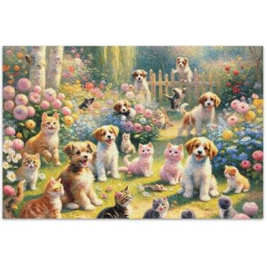 Imagem de Quebra-cabeça personalizado para cães gatos pintura primavera floral adulto 1000 peças presentes de tecnologia de jogo colorido quebra-cabeça jogo de arte, 75 x 40 centímetros