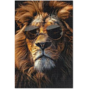 Imagem de um leão usando óculos de sol em um preto e adultos 1000 peças quebra-cabeça flor animal exclusivo quebra-cabeças jogo tecnologia presentes