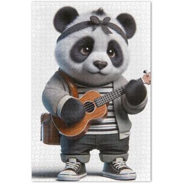 Imagem de Quebra-cabeça adulto urso ukulele panda fofo 1000 peças paisagem engraçado pintura animal, 75 x 40 centímetros