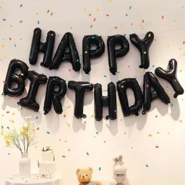 Imagem de Conjunto de faixa de feliz aniversário de 15 peças, balões prateados e números metálicos Mylar para decorações de festa (preto)