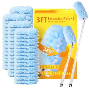 Imagem de 60 refis de espanador resistente com cabo extensível de 90 cm, espanadores descartáveis de penas de microfibra para limpeza de casa