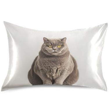 Imagem de Capa de almofada de cetim com estampa de gato de pelo curto britânico obeso, estampa floral, capa de travesseiro padrão King Queen, travesseiros de cama macios confortáveis, tamanho Queen, 76 cm x 50