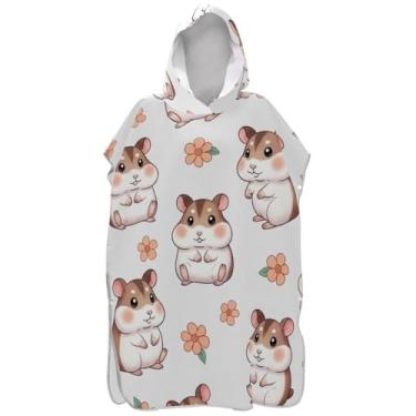 Imagem de Joisal Poncho de surfe plus size para mudança de roupão de praia com capuz toalha floral fofo hamster floral bege masculino poncho com capuz