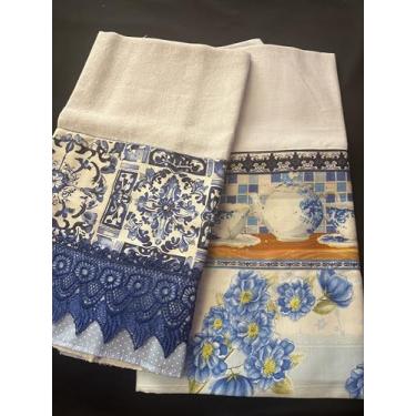 Imagem de Pano de prato artesanais, variações de Azul, Estampas Florais e Geométricas, 2 peças, Algodão