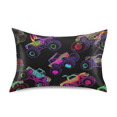 Imagem de Monster Trucks Fronhas de Cetim Preto Engraçado Refrigeração Padrão Queen King Capas Animais Conforto Almofada de Cama Macia Tamanho Padrão 66 cm x 50 cm