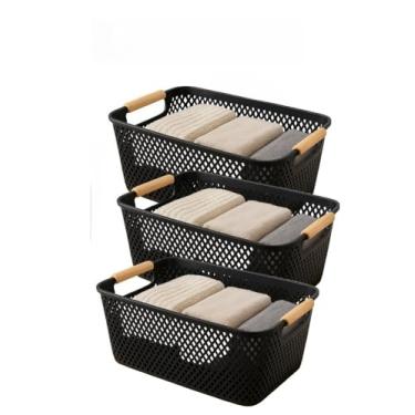 Imagem de Cesto Organizador Telado Plástico Multiuso com Alças para Cozinha Banheiro e Lavanderia(3 Cesto PRETO 36cm)
