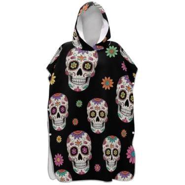 Imagem de Joisal Poncho de surfe preto com caveiras de açúcar flores para adultos trocador plus size unissex adulto poncho com capuz toalhas de banho de praia com capuz
