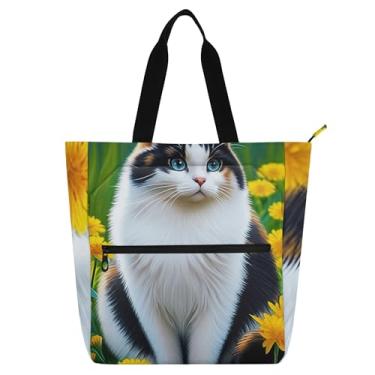 Imagem de GAIGEO Lindas bolsas de trabalho com flores de gato Calico para mulheres, bolsa escolar de lona, bolsa de professores com compartimentos