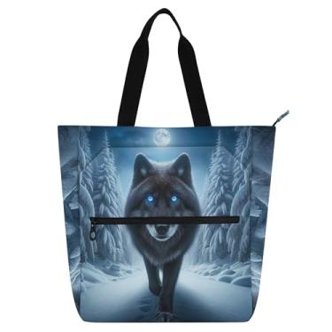 Imagem de Bolsa feminina Wolf Moon Work Tote de lona universitária bolsa carteiro bolsas para amantes de livros presentes