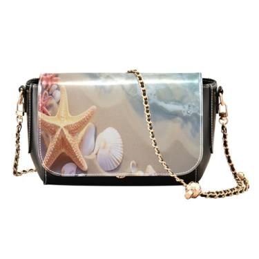 Imagem de GAIGEO Bolsa tiracolo de couro com duas flores pintadas, bolsas transversais de couro para mulheres, bolsas transversais de couro, Estrela-do-mar flutua na água e conchas na praia-3, One Size