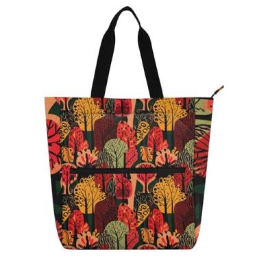 Imagem de GAIGEO Sacola colorida de outono para mulheres e crianças, bolsa de ombro com zíper, escola, trabalho, viagem, estampa de árvore vermelha