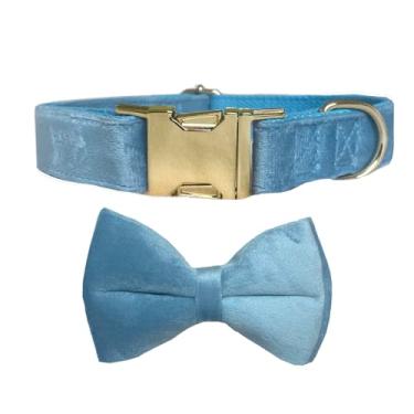 Imagem de Love Dream Coleira de cachorro com gravata borboleta, coleiras de veludo com fivela de metal removível de gravata borboleta, macias e confortáveis e ajustáveis para cães pequenos, médios e grandes (médio, azul)