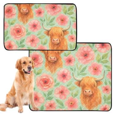 Imagem de Cute Highland Cows Pink Flowers Pet Lavável para Cachorros Almofadas de Xixi Reutilizáveis para Animais de Estimação Tapete Impermeável para Cachorros Absorventes, Médio + Grande, Conjunto de 2