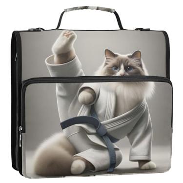 Imagem de Organizador de fichário com zíper para gatos Karatê Engraçado com 3 argolas de 3,8 cm Anel D Fichário básico com alça de ombro para armazenamento escolar pasta de portfólio com alça