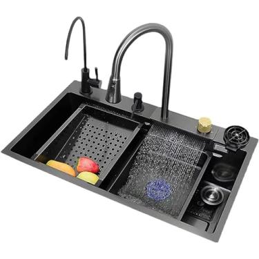 Imagem de Conjunto de pia doméstica, pia de cozinha de tigela única, pia de aço inoxidável 304, pia de cachoeira, pia de estação de trabalho, pia de bar, com torneira removível (80 * 46 * 22 cm)