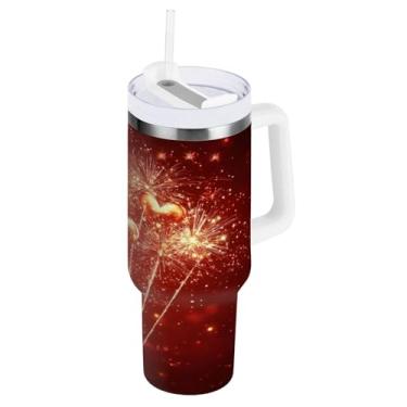 Imagem de Blueangle Copo isolado de fogos de artifício dos namorados de 850 g com alça e tampa de palha, caneca de viagem reutilizável de aço inoxidável (264)