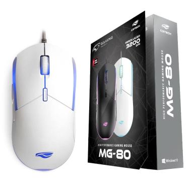 Imagem de Mouse Gamer C3Tech MG-80WH Branco LED 3200 DPI 6 Botões Cabo Nylon USB