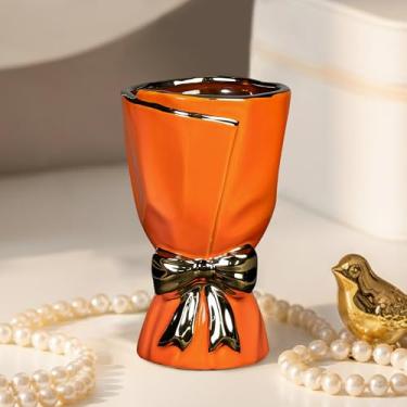 Imagem de Wancetang Vaso de cerâmica laranja com laço - Vaso pequeno de 17 cm para decoração de casa, vasos de flores modernos para sala de estar, prateleira de mesa de cabeceira e decoração de mesa, estante de