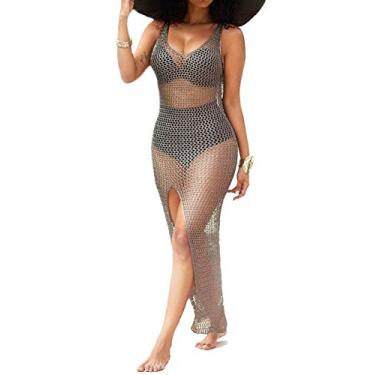Imagem de Saída de praia sexy feminina casual transparente de malha de crochê vestido de verão, Ouro acinzentado, M