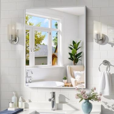 Imagem de COFENY Espelho de banheiro prateado para parede, retangular de 61 x 81 cm com moldura de metal, penteadeira moderna para banheiro, sala de estar, entrada pendurada horizontal ou vertical