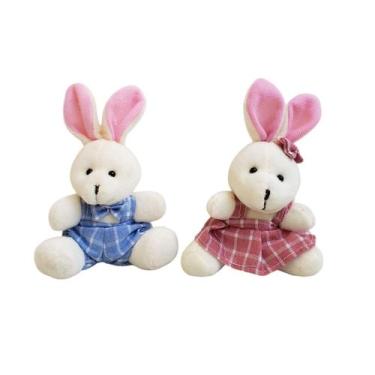 Imagem de Kit 2 Coelho de Páscoa Roupa Quadriculada Mimo Casal Pelúcia - Multiar