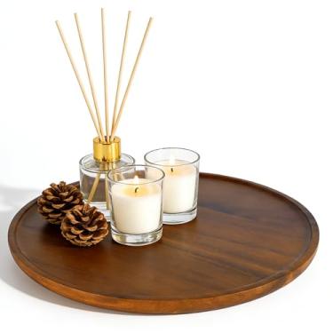 Imagem de Bandeja redonda de madeira de acácia de 30,5 cm – Bandeja de servir decorativa antiderrapante para mesa de café, banheiro, decoração de casa e vida organizada