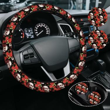 Imagem de Capa de volante de caveira rosa vermelha para mulheres, antiderrapante, respirável, de neoprene de alta elasticidade, capa universal de 38 cm para carros, SUVS, inclui 2 porta-copos de cerâmica