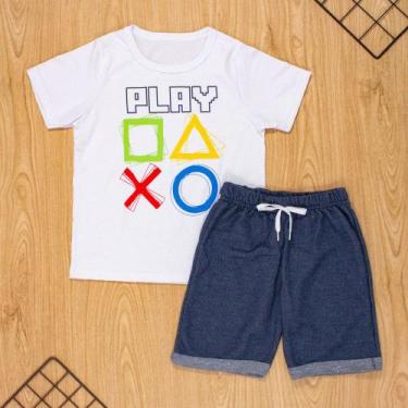 Imagem de Conjunto curto infantil 2 ao 10  algodão play game branco - Era Uma Ve
