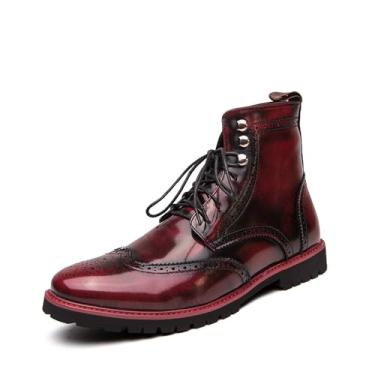 Imagem de Botas masculinas Chukka com cadarço de salto baixo formal de couro sintético botas de motocicleta elegantes e confortáveis para homens Brogue Oxford sapatos de cano alto, Vermelho, 44
