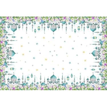 Imagem de XCHI Toalha de mesa retangular de castelo luas estrelas flores Ramadã Mubarak toalha de mesa retangular para decoração de festa em casa 152 x 264 cm