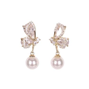 Imagem de Brincos de pérola para mulheres, brincos de pérola sintética de zircônia cúbica, design redondo de flor de lágrima com laço de borboleta, joia hipoalergênica elegante para uso diário e presentes