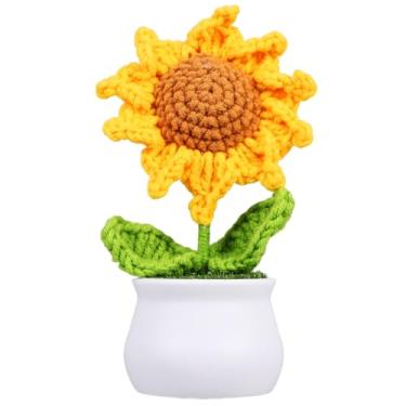 Imagem de UKCOCO Flor de girassol em crochê: bonsai artificial crochê flor vaso decoração casa desktop decoração, 5,50x2,95x2,40,6 cm
