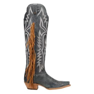 Imagem de Dan Post Botas femininas Prairie Dancer Fringe com zíper bico fino casual acima do joelho salto baixo 2,5-5 cm - Azul, Azul, 40
