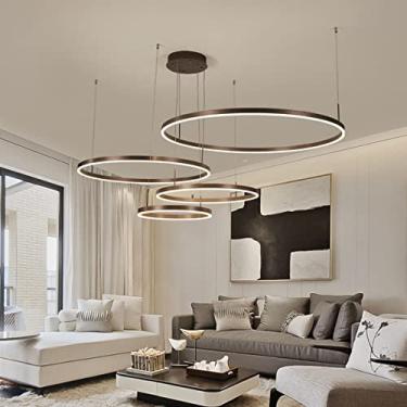 Imagem de Lustre moderno com anéis, altura ajustável, dimerizável e com controle remoto, ideal para mesa de jantar (marrom, 4 anéis: D40+60+80+100cm)