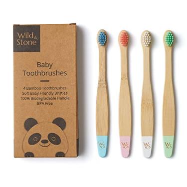 Imagem de Wild & Stone Escova de dentes de bambu orgânica para bebês | Quatro cores | Cerdas de fibra macia | Cabo 100% biodegradável | Livre de BPA | Escovas de dentes para bebê ecológicas veganas