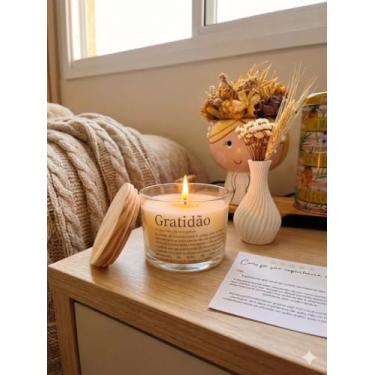 Imagem de Vela Aromática Decorativa em Vidro Transparente com Tampa de Madeira, 120g, Mensagem Inspiradora, Aromaterapia, 7cm x 8cm, Cilíndrica (Aroma: Bamboo - Mensagem: Lar)
