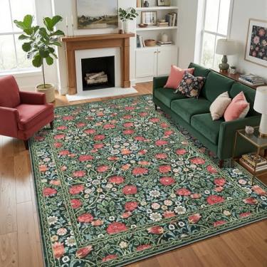 Imagem de GarveeHome Tapetes verdes vintage florais laváveis 12 x 18 cm para sala de estar, boho, botânico, retrô, resistente a manchas, tapete antiderrapante para quarto, berçário, sala de jantar
