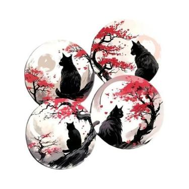 Imagem de Porta-copos De Madeira Com Tema De Gato Preto, 6 Peças, 4 Polegadas, R