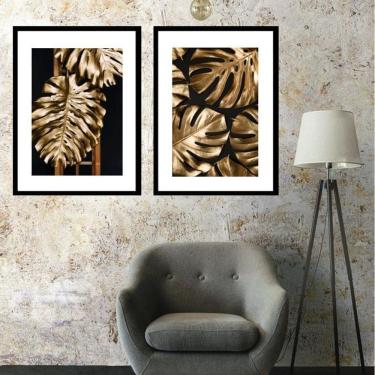 Imagem de Kit 2 Quadros Folhas Preto Dourado - 60X48Cm