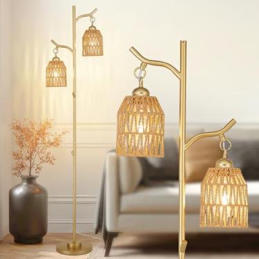 Imagem de Haolaike Luminária de chão Boho com 2 luzes de vime para sala de estar, interruptor de pé, luminária de árvore vintage para quarto, escritório, sala de estudo, sala de jantar, dourada