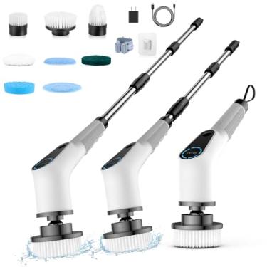 Imagem de Dovety Esfregador giratório elétrico, escova de limpeza sem fio, esfregão de chuveiro com 8 cabeças de escova substituíveis, escova de limpeza elétrica com alça de extensão, 2 velocidades ajustáveis,
